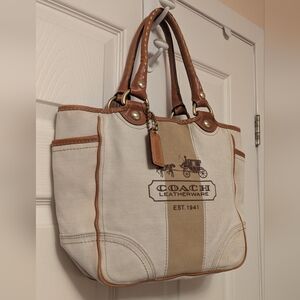 Vintage Coach Beige and Brown Canvas And Leather Classic Tote Bag